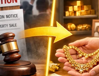 Image showing an auction notice and gavel on one side, and a person holding gold jewelry on the other, symbolizing the benefits of a gold loan takeover service that helps protect gold from auction.