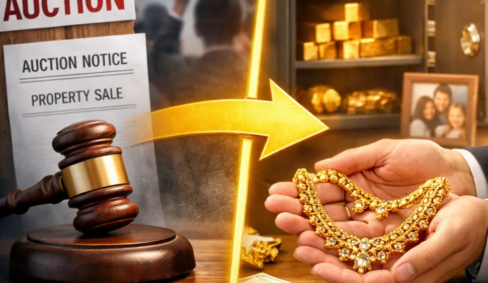 Image showing an auction notice and gavel on one side, and a person holding gold jewelry on the other, symbolizing the benefits of a gold loan takeover service that helps protect gold from auction.
