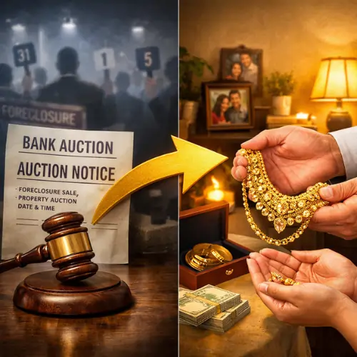 Image showing a bank auction notice and gavel on the left, and hands holding gold jewelry with cash and gold items on the right, representing how a gold loan takeover service helps protect pledged gold from auction.