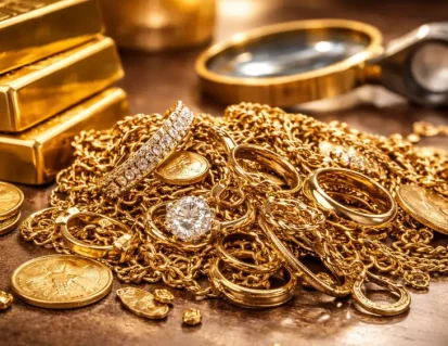Pile of gold jewelry, gold coins, and gold bars with a magnifying glass used for valuation, symbolizing selling old gold in Palakkad.