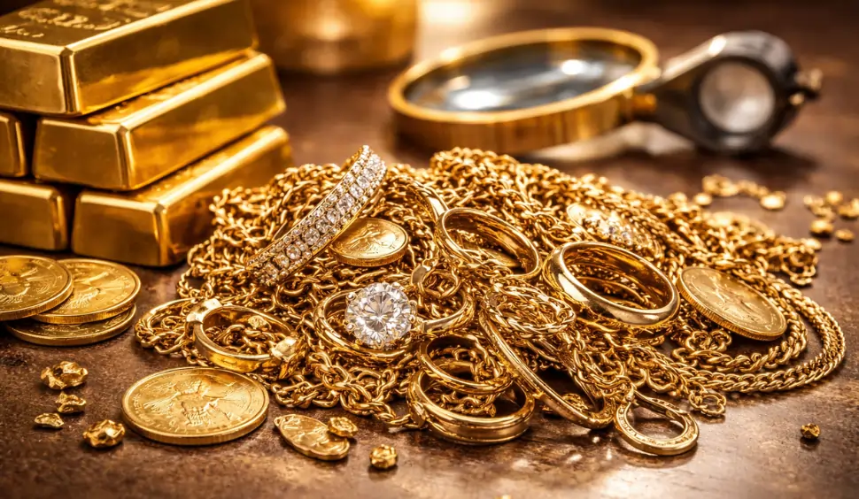 Pile of gold jewelry, gold coins, and gold bars with a magnifying glass used for valuation, symbolizing selling old gold in Palakkad.