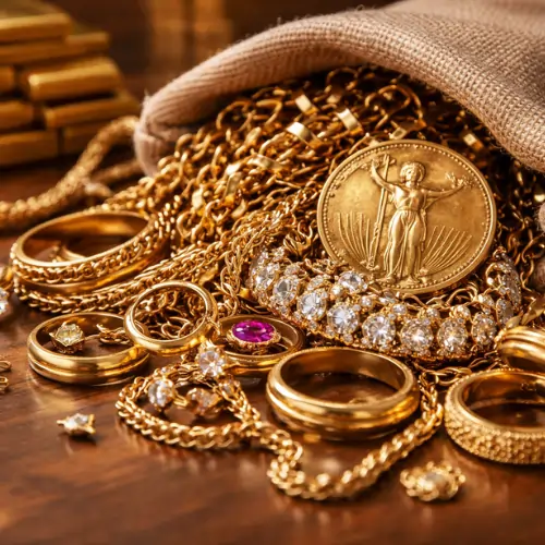 Gold jewelry, chains, rings, and coins spilling from a pouch, representing the evaluation and selling of old gold in Palakkad.